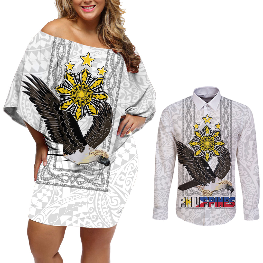 Philippines Eagle Week Couples Matching Off Shoulder Short Dress and Long Sleeve Button Shirt Polynesian Pattern Barong Style