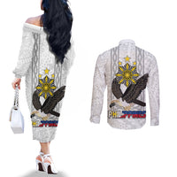 Philippines Eagle Week Couples Matching Off The Shoulder Long Sleeve Dress and Long Sleeve Button Shirt Polynesian Pattern Barong Style