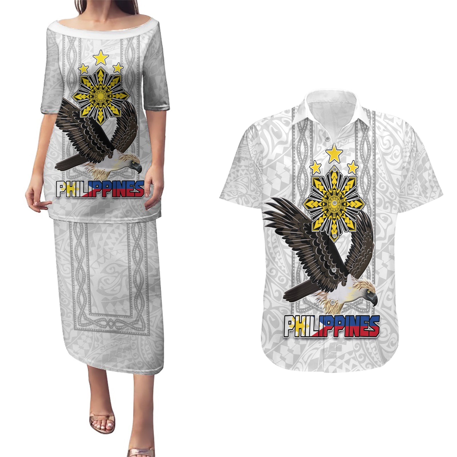 Philippines Eagle Week Couples Matching Puletasi and Hawaiian Shirt Polynesian Pattern Barong Style