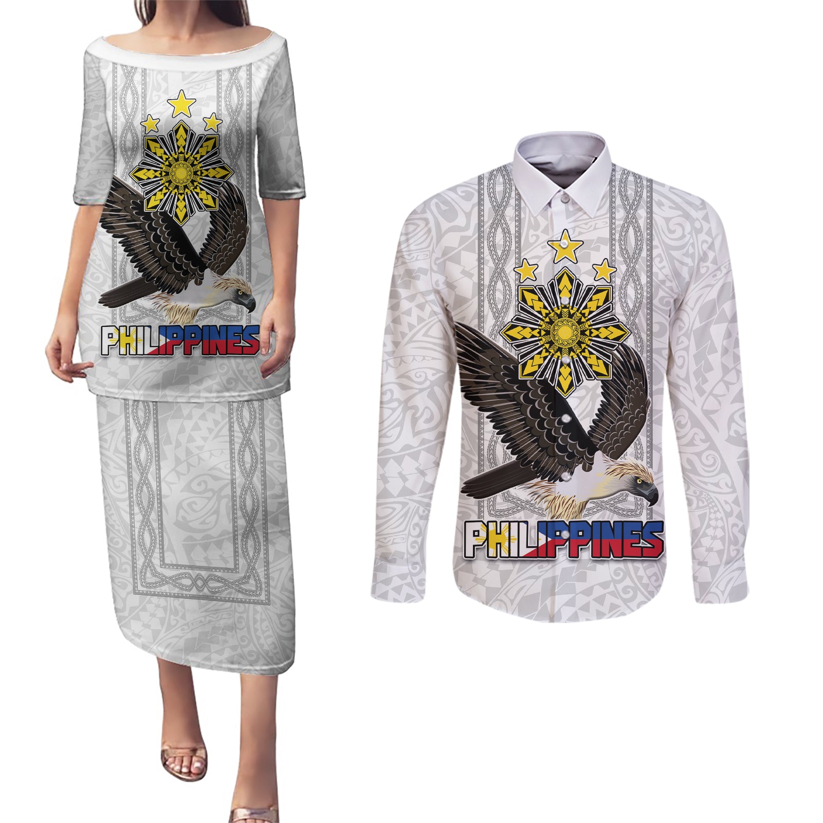 Philippines Eagle Week Couples Matching Puletasi and Long Sleeve Button Shirt Polynesian Pattern Barong Style