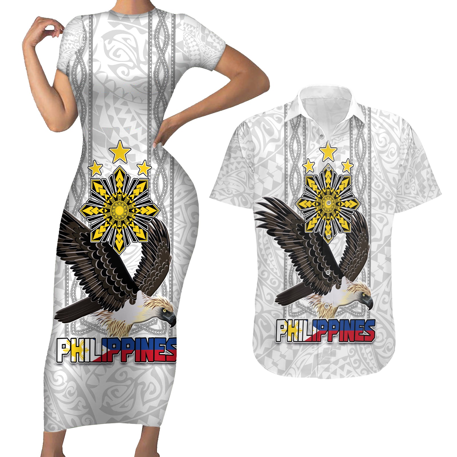 Philippines Eagle Week Couples Matching Short Sleeve Bodycon Dress and Hawaiian Shirt Polynesian Pattern Barong Style