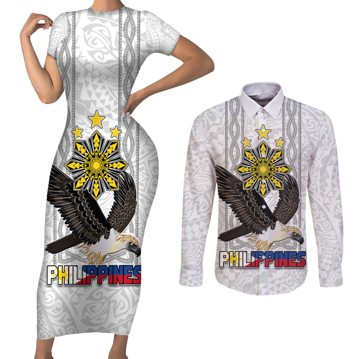 Philippines Eagle Week Couples Matching Short Sleeve Bodycon Dress and Long Sleeve Button Shirt Polynesian Pattern Barong Style