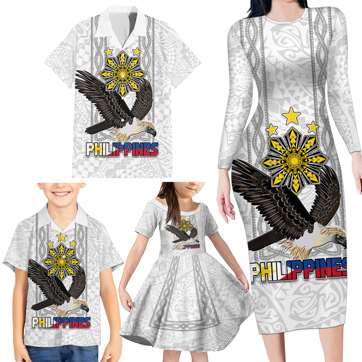 Philippines Eagle Week Family Matching Long Sleeve Bodycon Dress and Hawaiian Shirt Polynesian Pattern Barong Style