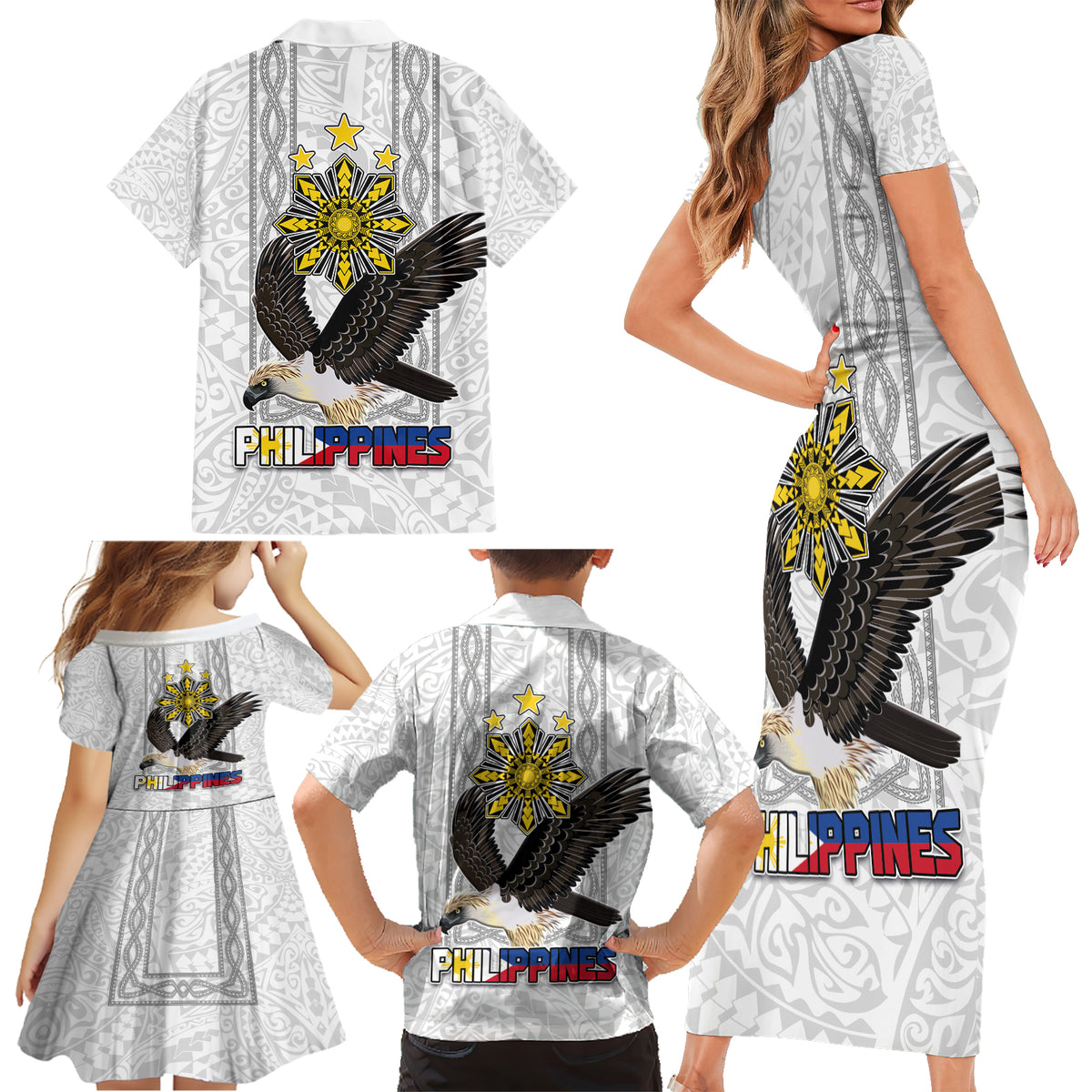 Philippines Eagle Week Family Matching Short Sleeve Bodycon Dress and Hawaiian Shirt Polynesian Pattern Barong Style