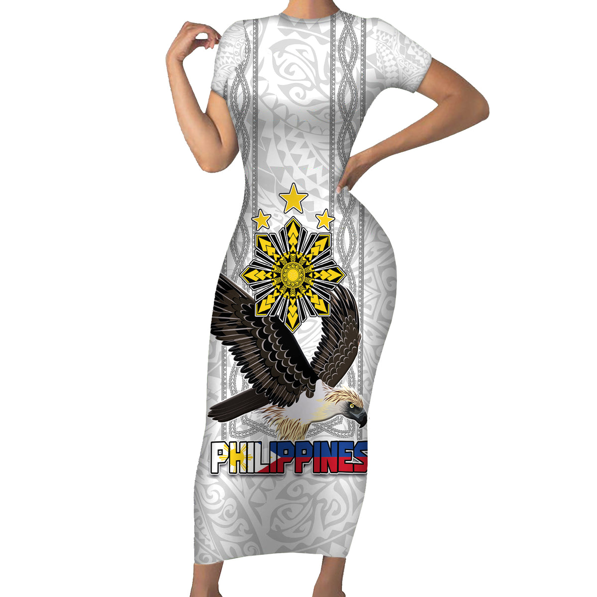 Philippines Eagle Week Short Sleeve Bodycon Dress Polynesian Pattern Barong Style