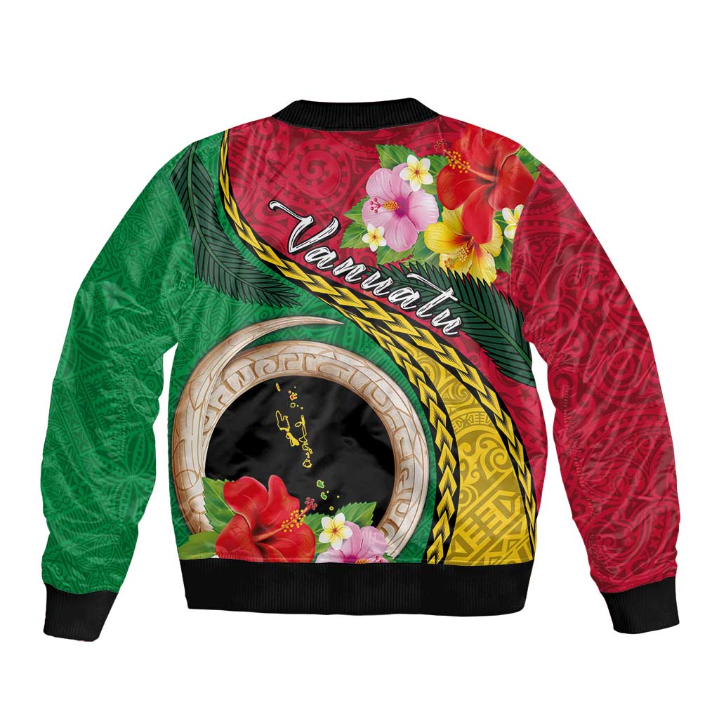 Vanuatu Tribal Boar Tusk Bomber Jacket Tropical Plants with Namele and Melanesian Pattern