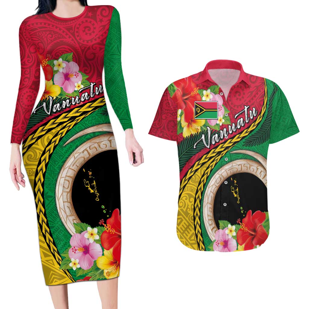 Vanuatu Tribal Boar Tusk Couples Matching Long Sleeve Bodycon Dress and Hawaiian Shirt Tropical Plants with Namele and Melanesian Pattern LT03 Red - Polynesian Pride