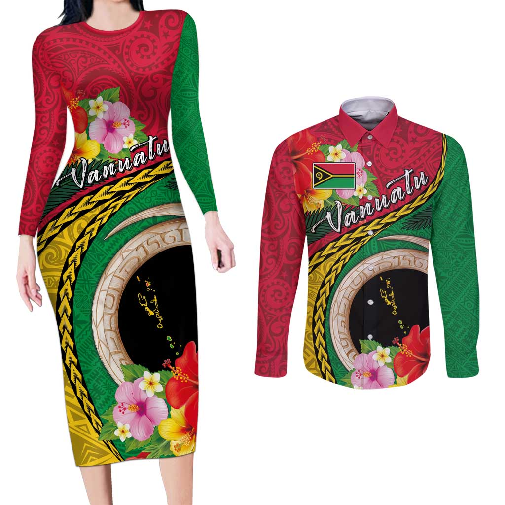 Vanuatu Tribal Boar Tusk Couples Matching Long Sleeve Bodycon Dress and Long Sleeve Button Shirt Tropical Plants with Namele and Melanesian Pattern LT03 Red - Polynesian Pride