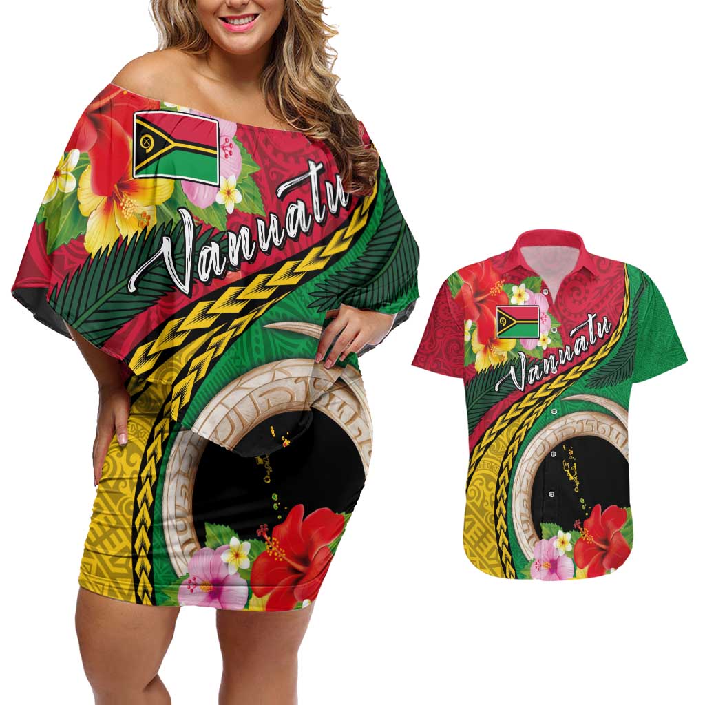 Vanuatu Tribal Boar Tusk Couples Matching Off Shoulder Short Dress and Hawaiian Shirt Tropical Plants with Namele and Melanesian Pattern LT03 Red - Polynesian Pride