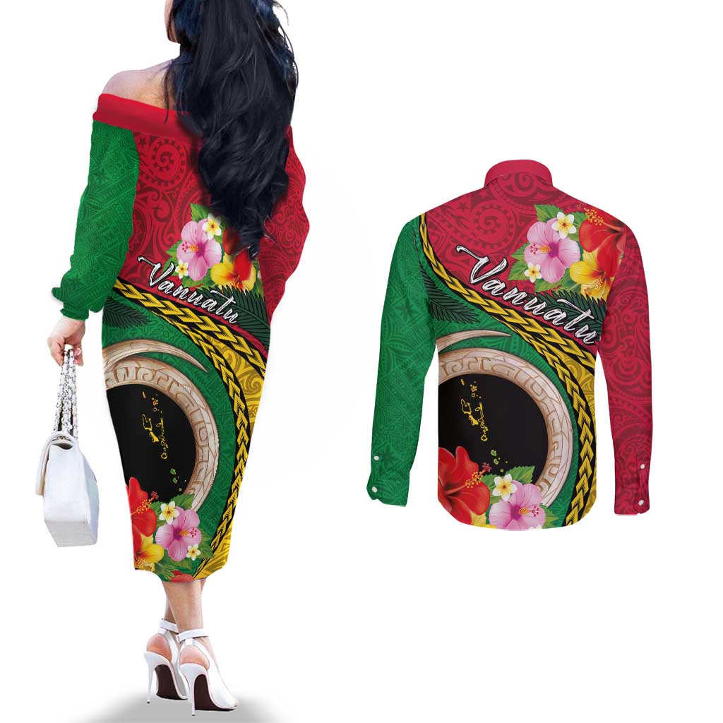Vanuatu Tribal Boar Tusk Couples Matching Off The Shoulder Long Sleeve Dress and Long Sleeve Button Shirt Tropical Plants with Namele and Melanesian Pattern