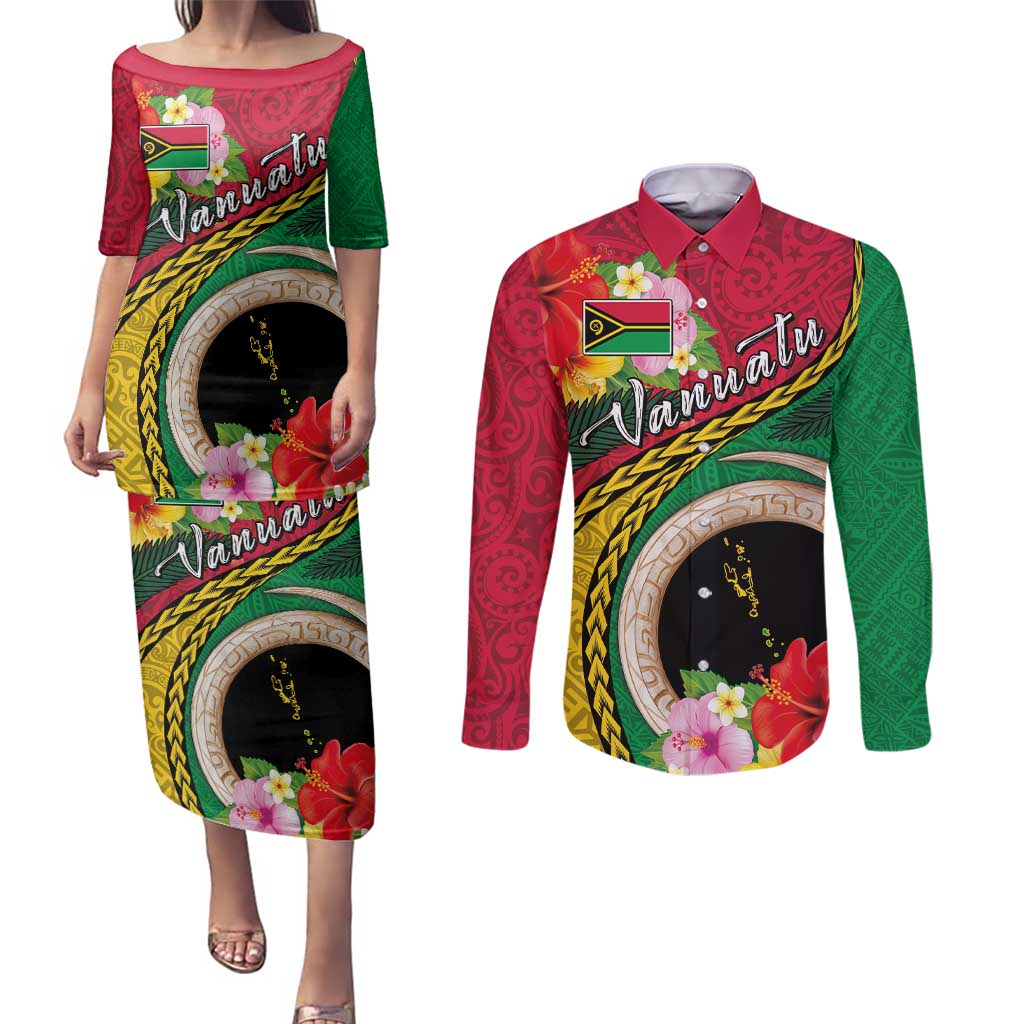 Vanuatu Tribal Boar Tusk Couples Matching Puletasi and Long Sleeve Button Shirt Tropical Plants with Namele and Melanesian Pattern LT03 Red - Polynesian Pride