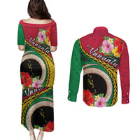 Vanuatu Tribal Boar Tusk Couples Matching Puletasi and Long Sleeve Button Shirt Tropical Plants with Namele and Melanesian Pattern LT03 - Polynesian Pride