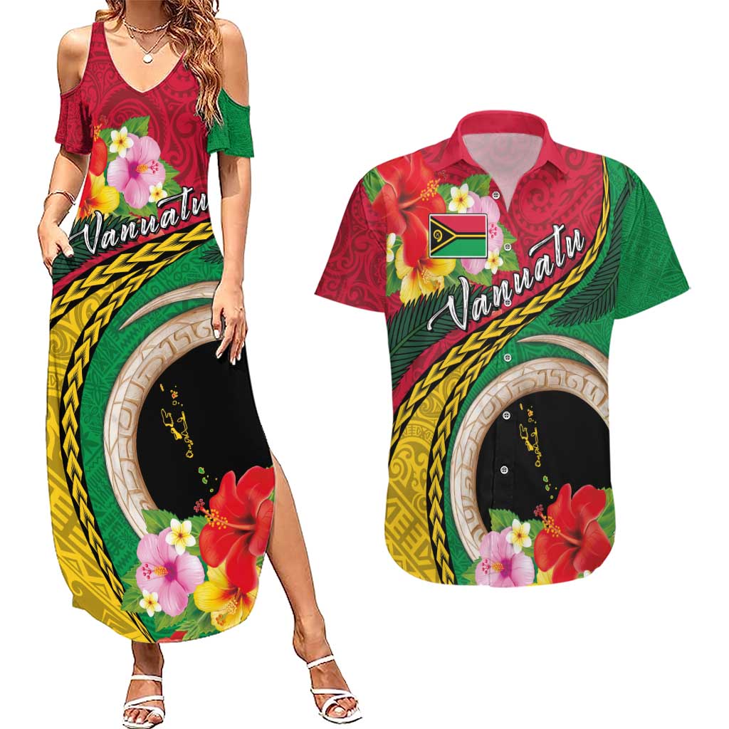 Vanuatu Tribal Boar Tusk Couples Matching Summer Maxi Dress and Hawaiian Shirt Tropical Plants with Namele and Melanesian Pattern LT03 Red - Polynesian Pride