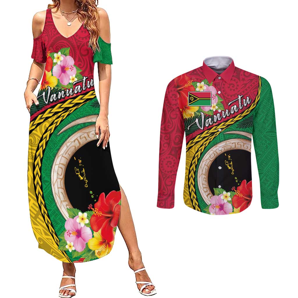 Vanuatu Tribal Boar Tusk Couples Matching Summer Maxi Dress and Long Sleeve Button Shirt Tropical Plants with Namele and Melanesian Pattern LT03 Red - Polynesian Pride