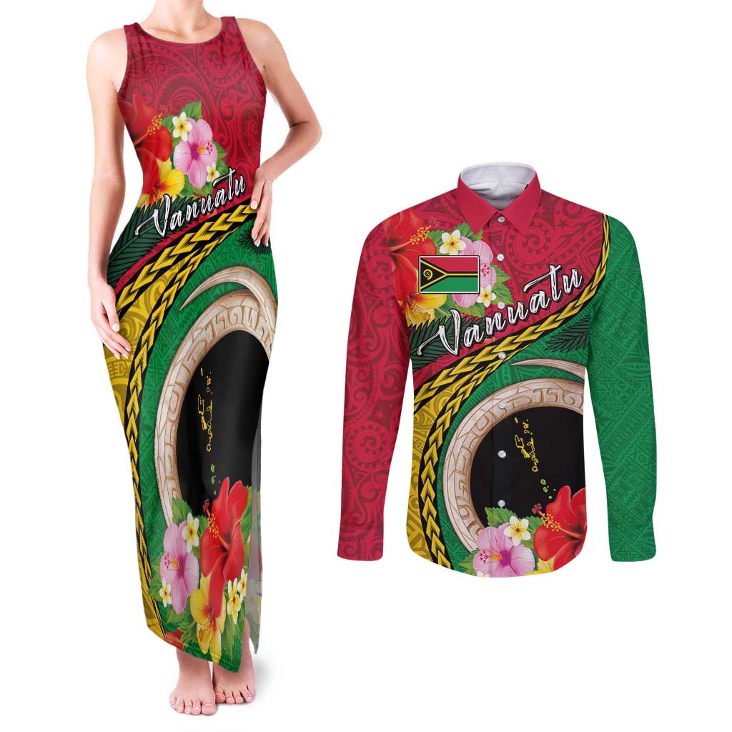 Vanuatu Tribal Boar Tusk Couples Matching Tank Maxi Dress and Long Sleeve Button Shirt Tropical Plants with Namele and Melanesian Pattern LT03 Red - Polynesian Pride