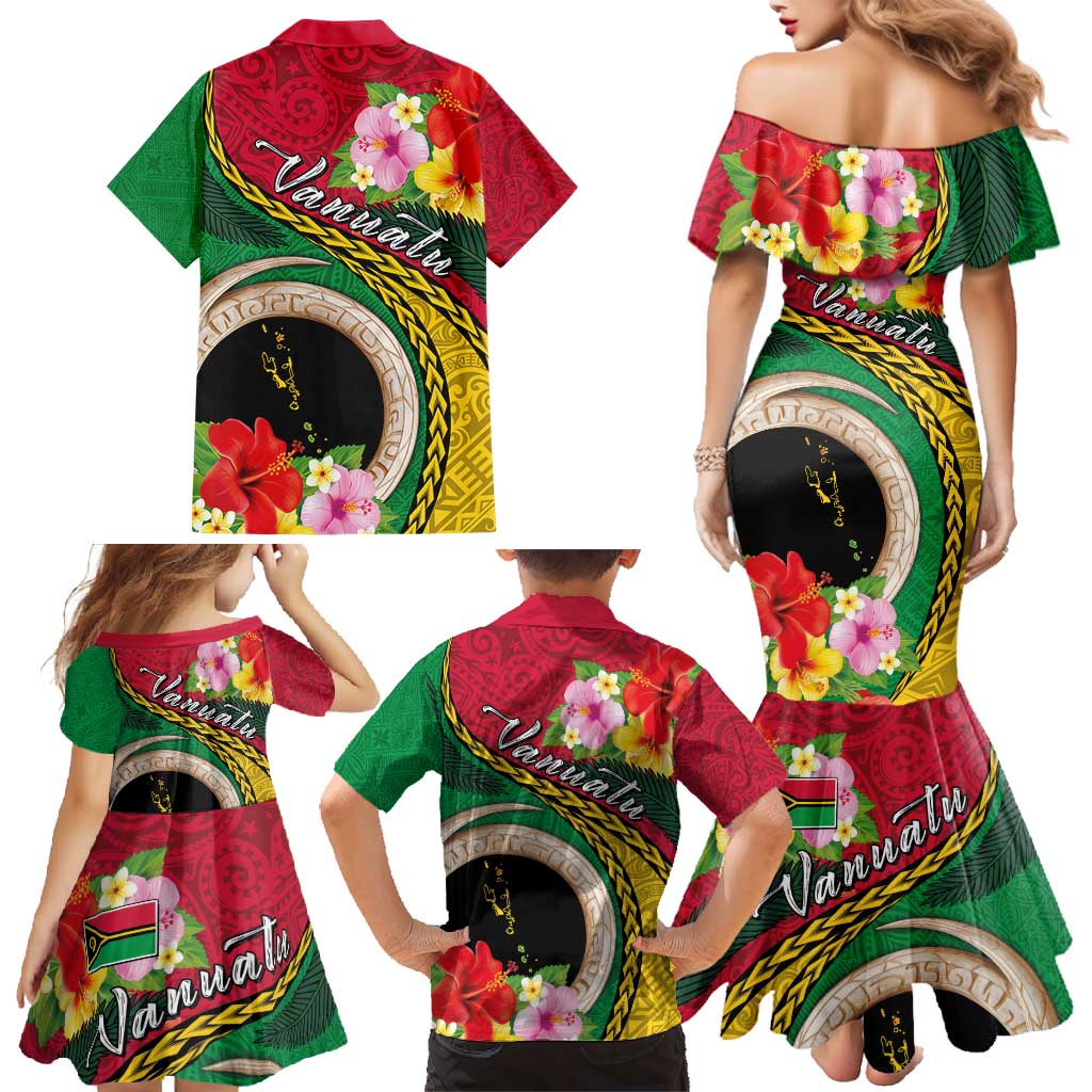 Vanuatu Tribal Boar Tusk Family Matching Mermaid Dress and Hawaiian Shirt Tropical Plants with Namele and Melanesian Pattern
