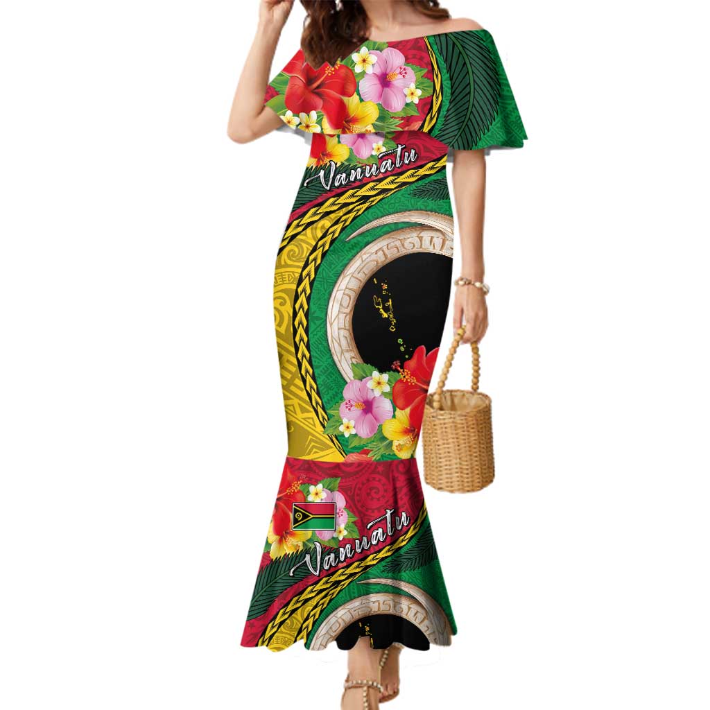 Vanuatu Tribal Boar Tusk Family Matching Mermaid Dress and Hawaiian Shirt Tropical Plants with Namele and Melanesian Pattern