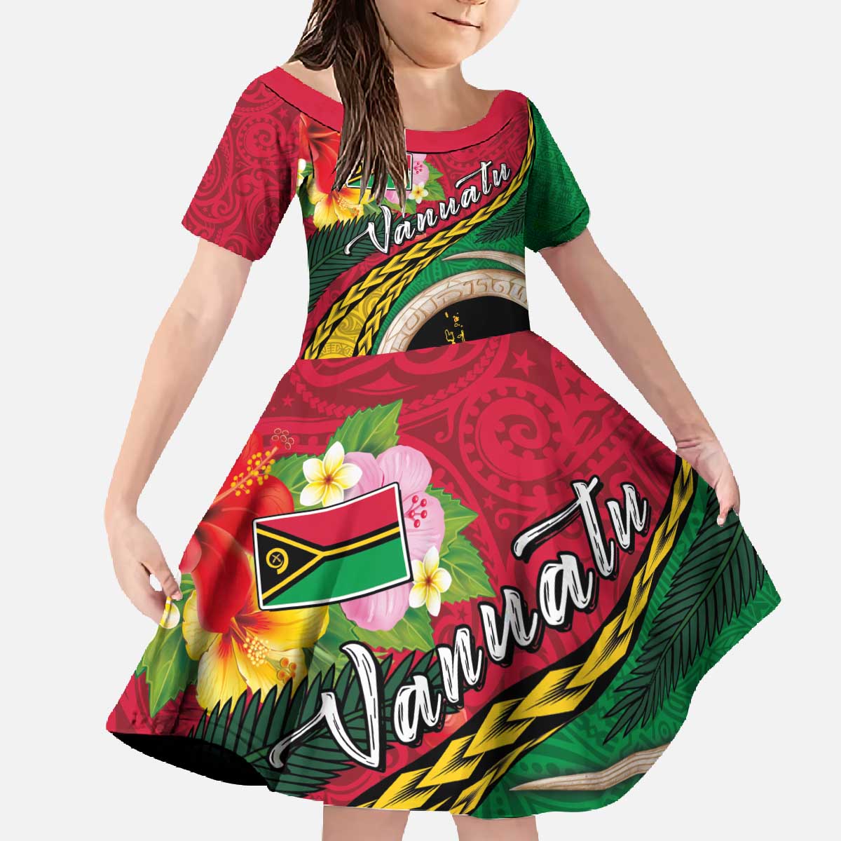 Vanuatu Tribal Boar Tusk Family Matching Off The Shoulder Long Sleeve Dress and Hawaiian Shirt Tropical Plants with Namele and Melanesian Pattern