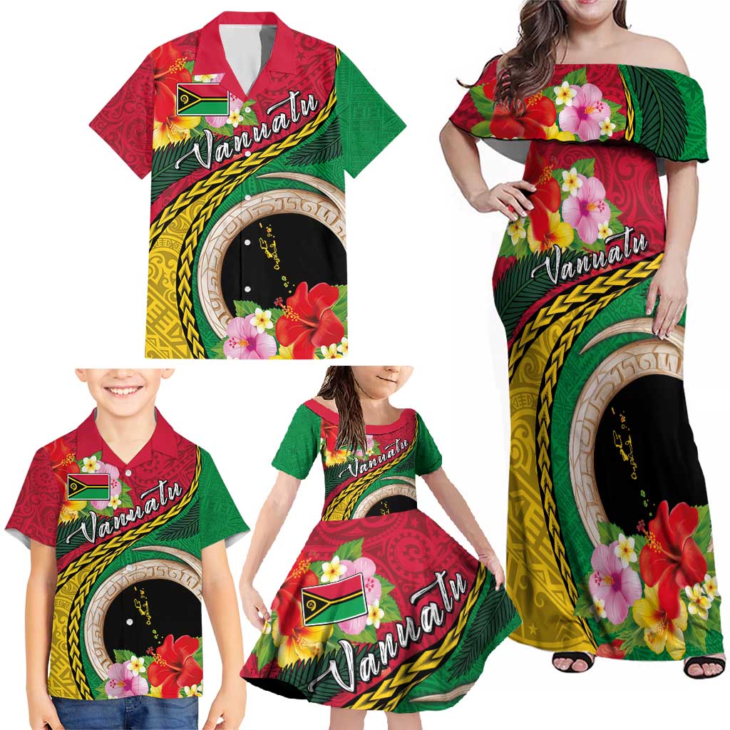 Vanuatu Tribal Boar Tusk Family Matching Off Shoulder Maxi Dress and Hawaiian Shirt Tropical Plants with Namele and Melanesian Pattern LT03 - Polynesian Pride