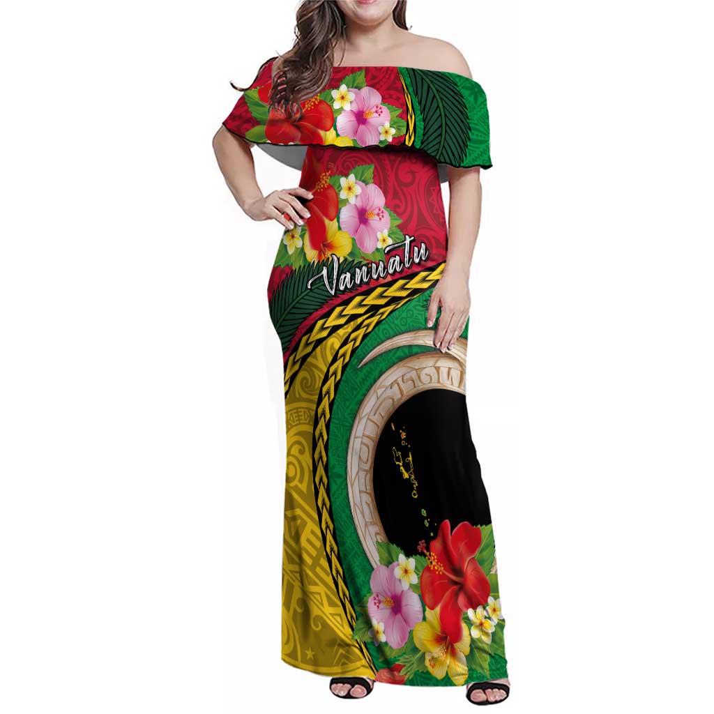 Vanuatu Tribal Boar Tusk Family Matching Off Shoulder Maxi Dress and Hawaiian Shirt Tropical Plants with Namele and Melanesian Pattern