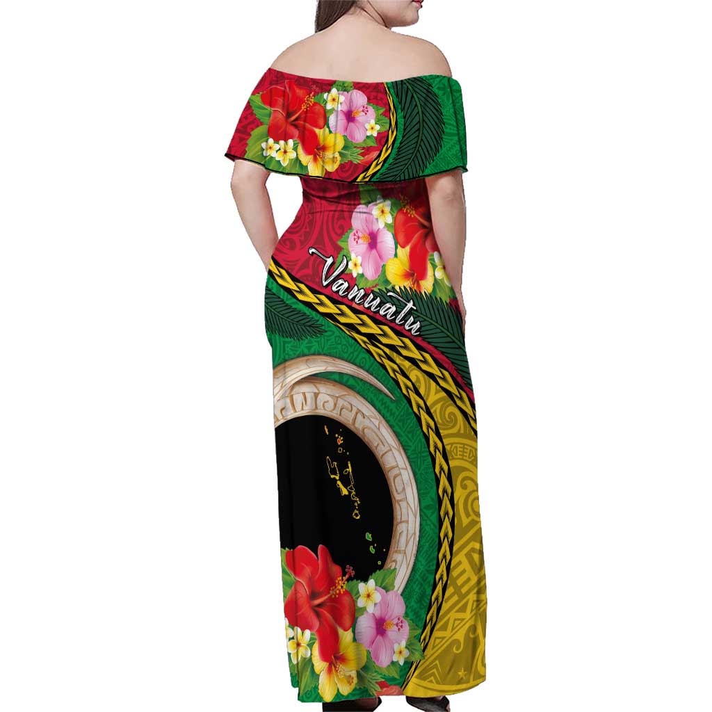 Vanuatu Tribal Boar Tusk Family Matching Off Shoulder Maxi Dress and Hawaiian Shirt Tropical Plants with Namele and Melanesian Pattern