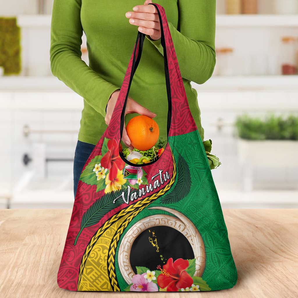 Vanuatu Tribal Boar Tusk Grocery Bag Tropical Plants with Namele and Melanesian Pattern