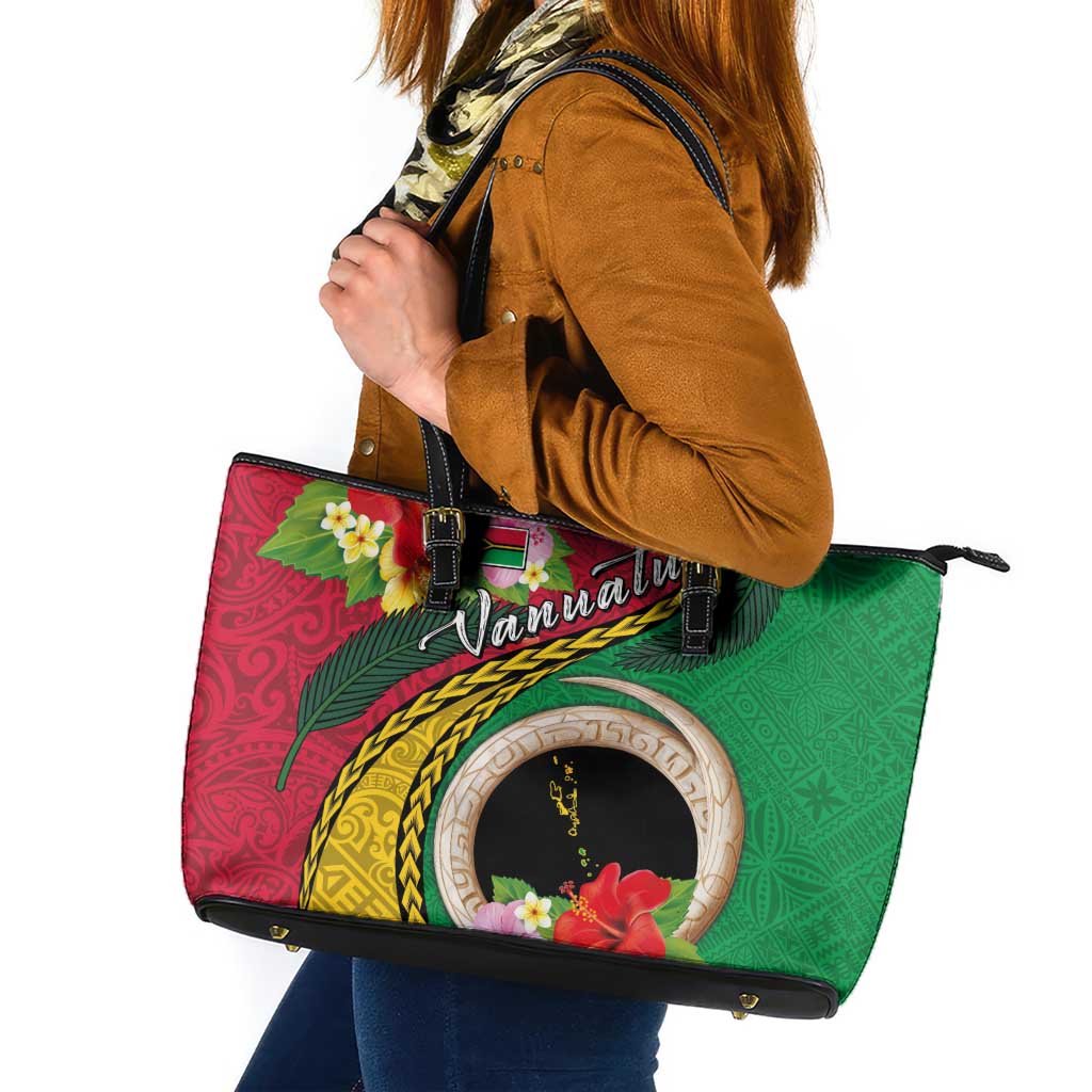 Vanuatu Tribal Boar Tusk Leather Tote Bag Tropical Plants with Namele and Melanesian Pattern
