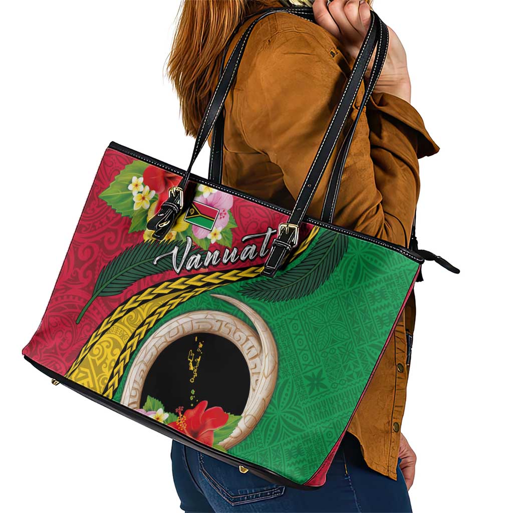 Vanuatu Tribal Boar Tusk Leather Tote Bag Tropical Plants with Namele and Melanesian Pattern