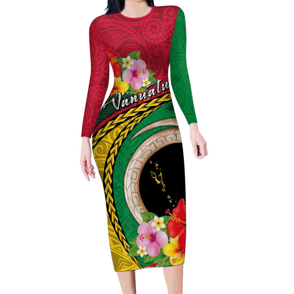 Vanuatu Tribal Boar Tusk Long Sleeve Bodycon Dress Tropical Plants with Namele and Melanesian Pattern LT03 Long Dress Red - Polynesian Pride