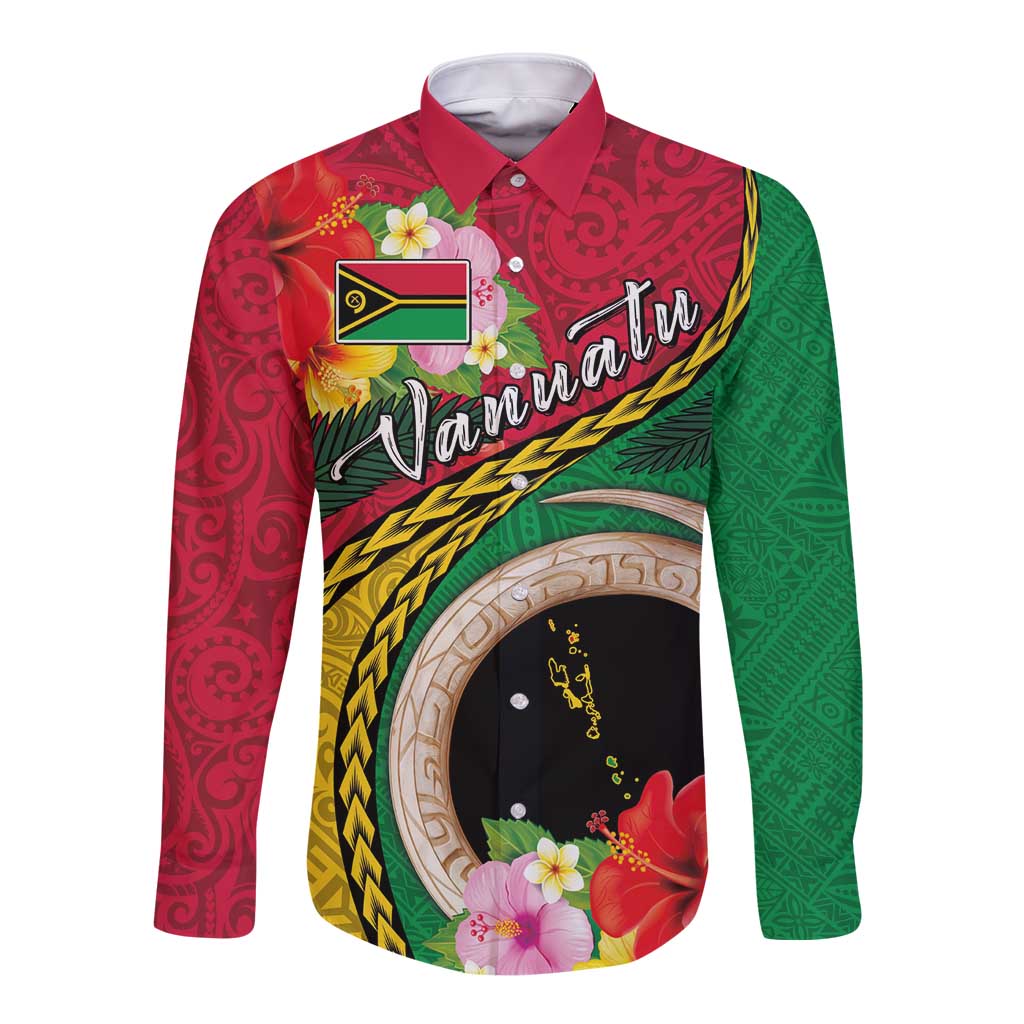 Vanuatu Tribal Boar Tusk Long Sleeve Button Shirt Tropical Plants with Namele and Melanesian Pattern LT03 Unisex Red - Polynesian Pride
