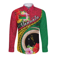 Vanuatu Tribal Boar Tusk Long Sleeve Button Shirt Tropical Plants with Namele and Melanesian Pattern LT03 Unisex Red - Polynesian Pride