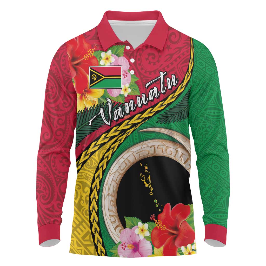 Vanuatu Tribal Boar Tusk Long Sleeve Polo Shirt Tropical Plants with Namele and Melanesian Pattern