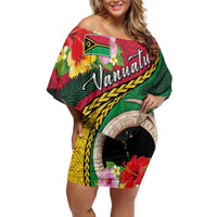 Vanuatu Tribal Boar Tusk Off Shoulder Short Dress Tropical Plants with Namele and Melanesian Pattern