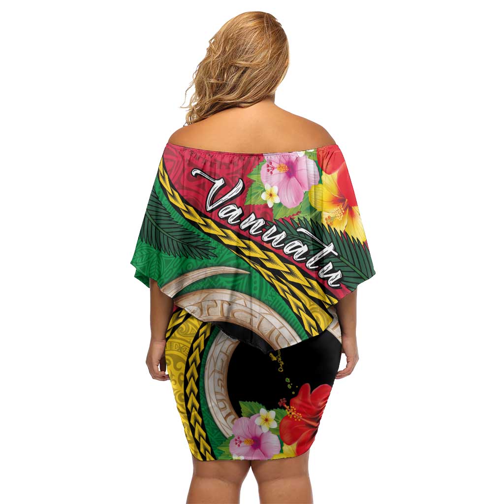 Vanuatu Tribal Boar Tusk Off Shoulder Short Dress Tropical Plants with Namele and Melanesian Pattern