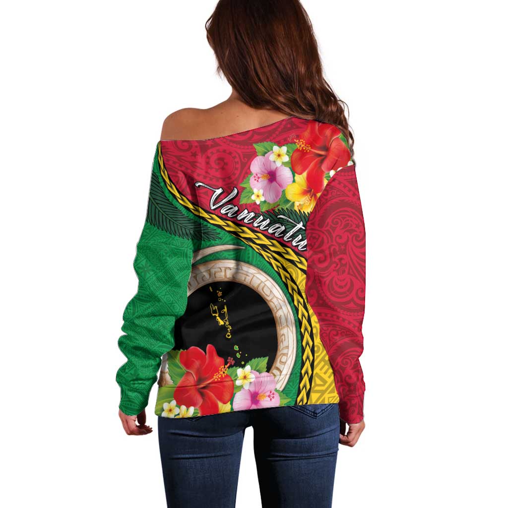 Vanuatu Tribal Boar Tusk Off Shoulder Sweater Tropical Plants with Namele and Melanesian Pattern