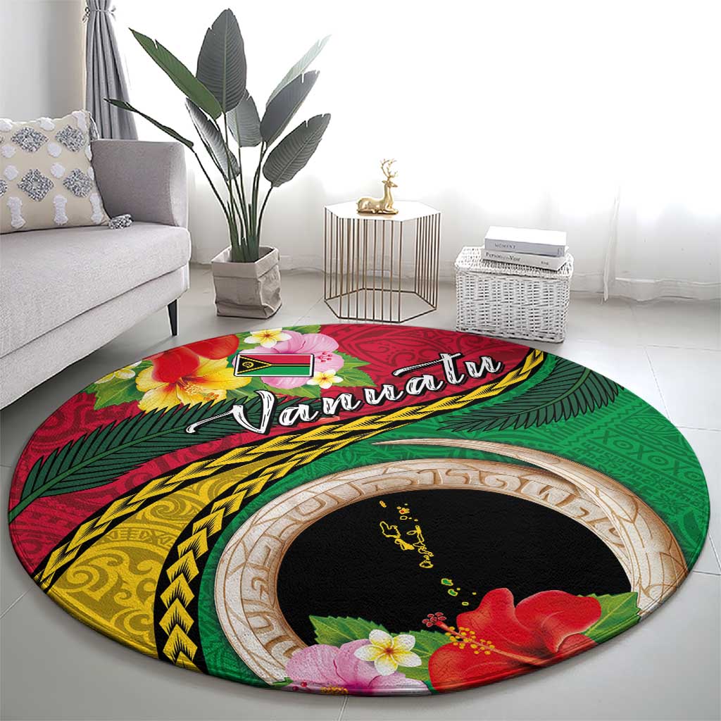 Vanuatu Tribal Boar Tusk Round Carpet Tropical Plants with Namele and Melanesian Pattern
