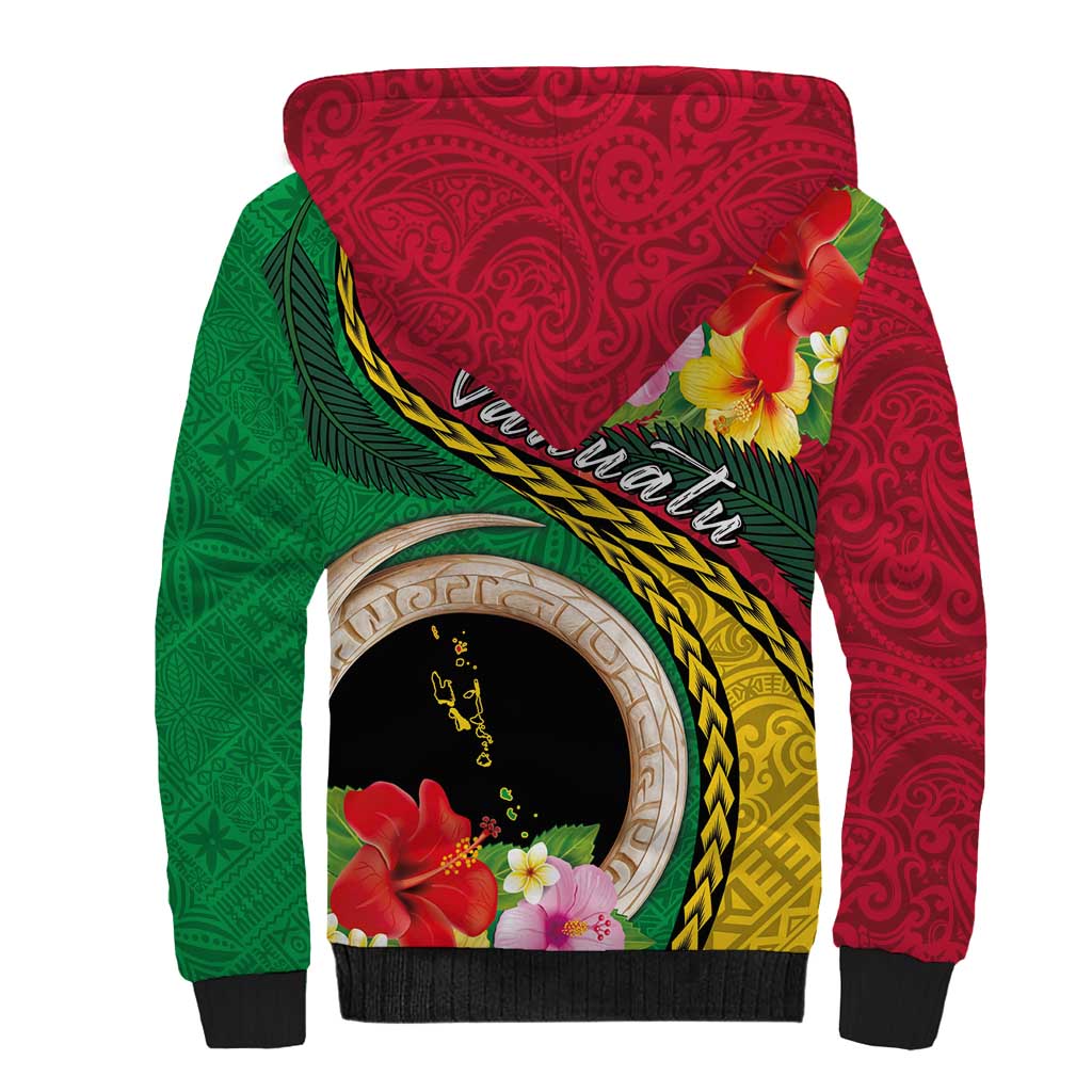 Vanuatu Tribal Boar Tusk Sherpa Hoodie Tropical Plants with Namele and Melanesian Pattern LT03 - Polynesian Pride