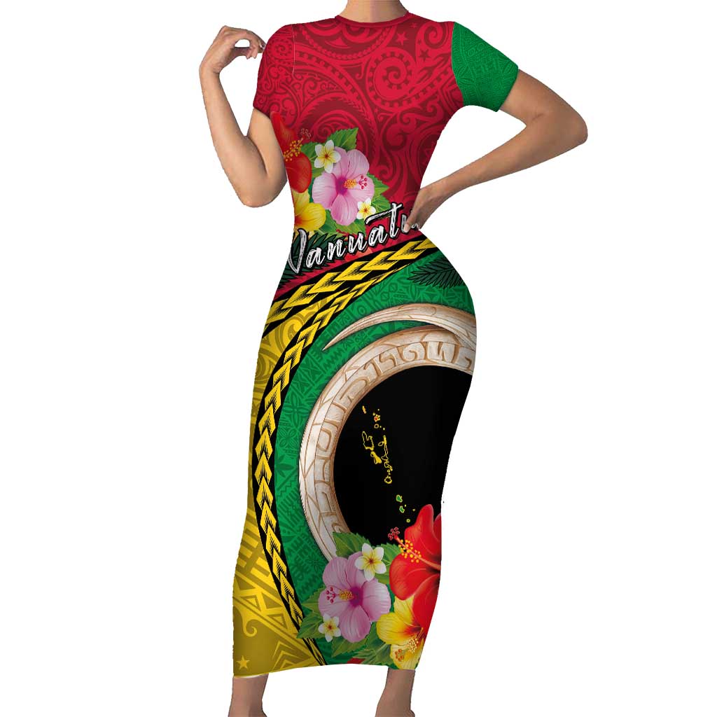 Vanuatu Tribal Boar Tusk Short Sleeve Bodycon Dress Tropical Plants with Namele and Melanesian Pattern