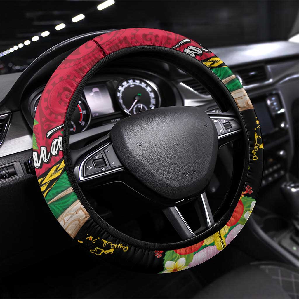 Vanuatu Tribal Boar Tusk Steering Wheel Cover Tropical Plants with Namele and Melanesian Pattern LT03 Universal Fit Red - Polynesian Pride