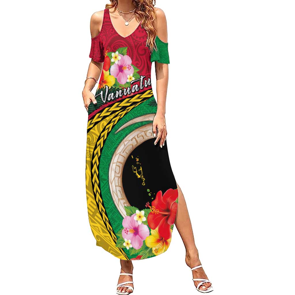 Vanuatu Tribal Boar Tusk Summer Maxi Dress Tropical Plants with Namele and Melanesian Pattern LT03 Women Red - Polynesian Pride