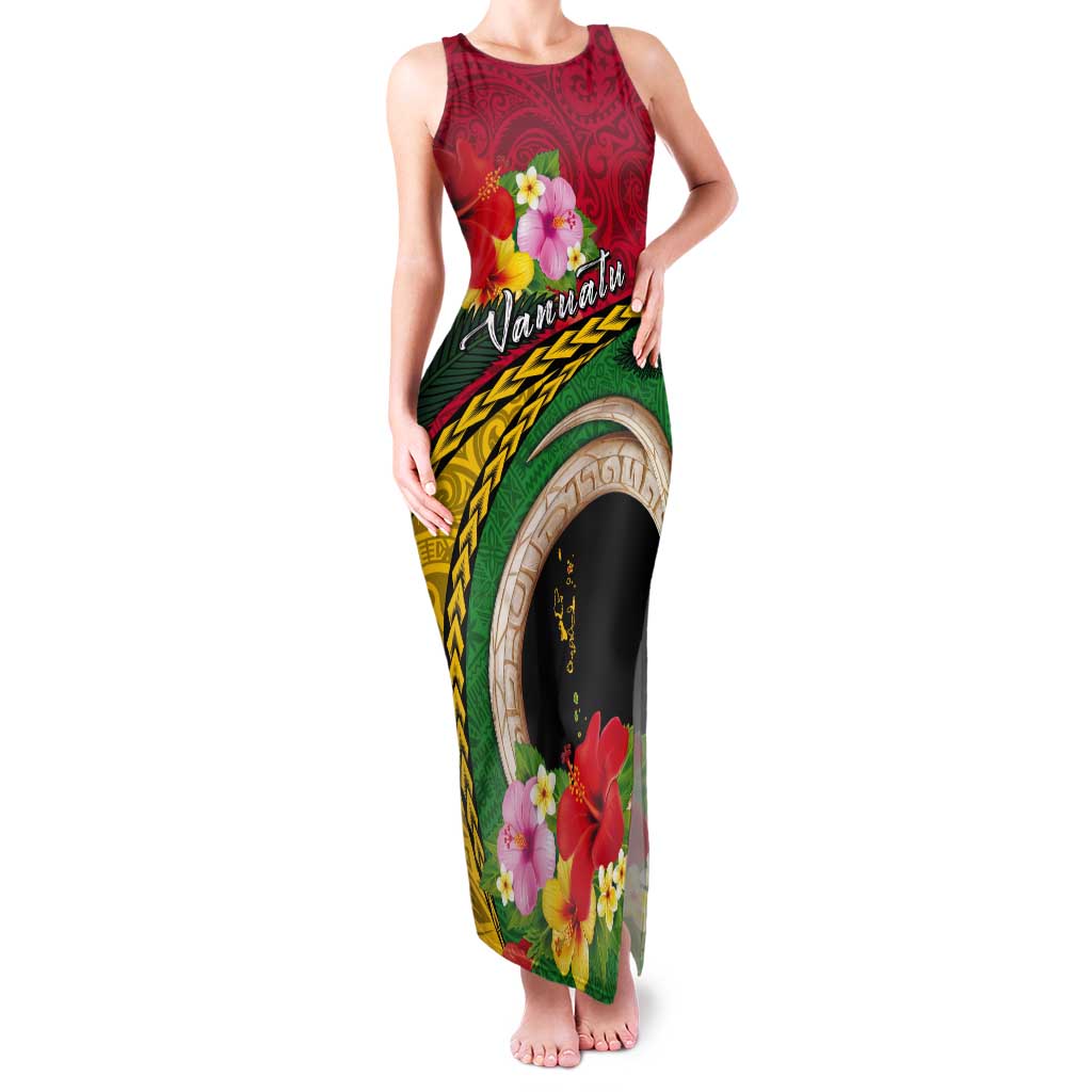 Vanuatu Tribal Boar Tusk Tank Maxi Dress Tropical Plants with Namele and Melanesian Pattern LT03 Women Red - Polynesian Pride