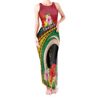 Vanuatu Tribal Boar Tusk Tank Maxi Dress Tropical Plants with Namele and Melanesian Pattern LT03 Women Red - Polynesian Pride