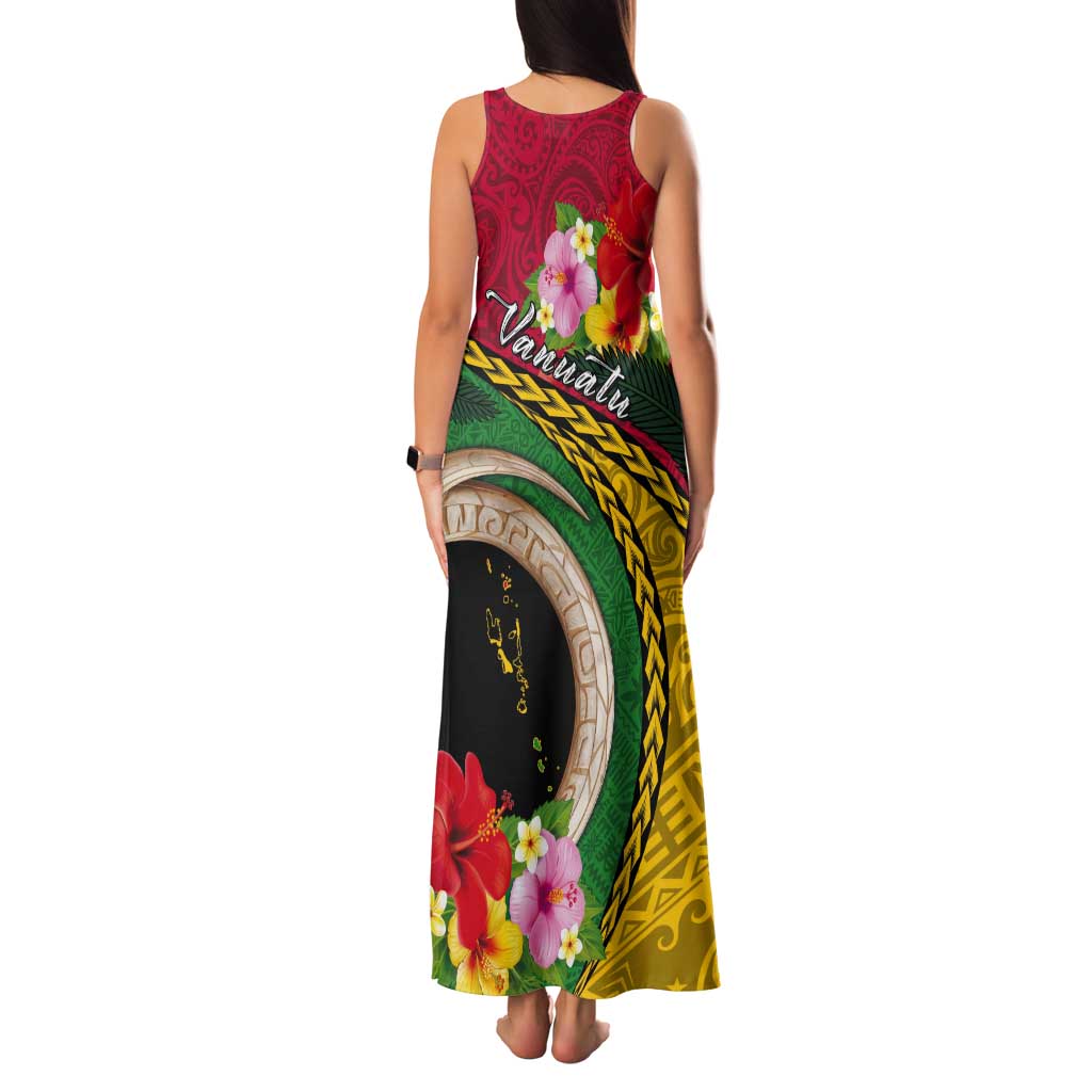 Vanuatu Tribal Boar Tusk Tank Maxi Dress Tropical Plants with Namele and Melanesian Pattern LT03 - Polynesian Pride