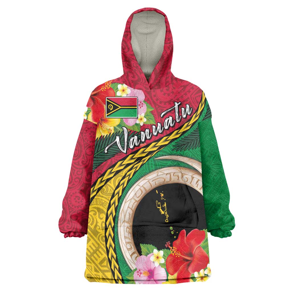 Vanuatu Tribal Boar Tusk Wearable Blanket Hoodie Tropical Plants with Namele and Melanesian Pattern