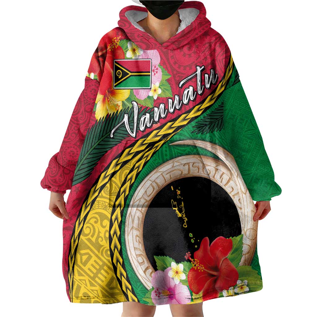 Vanuatu Tribal Boar Tusk Wearable Blanket Hoodie Tropical Plants with Namele and Melanesian Pattern