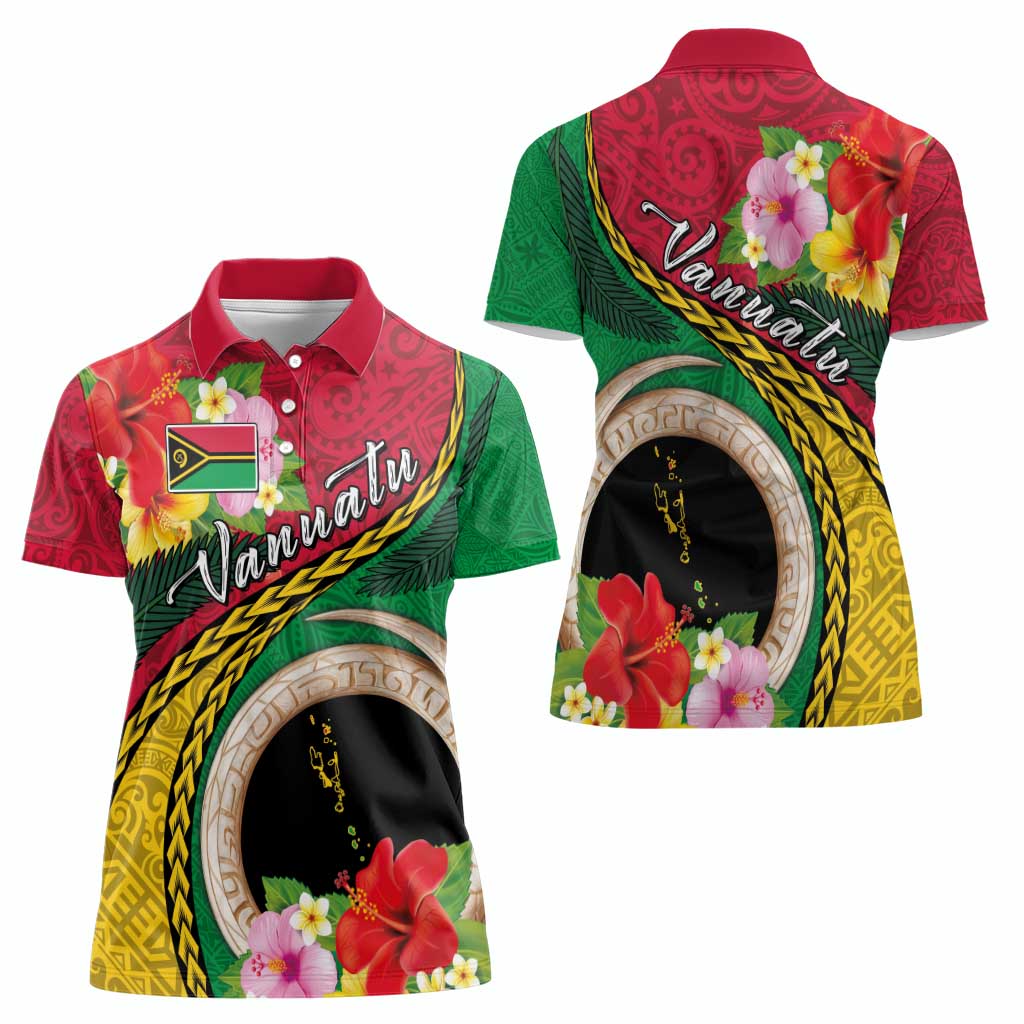 Vanuatu Tribal Boar Tusk Women Polo Shirt Tropical Plants with Namele and Melanesian Pattern