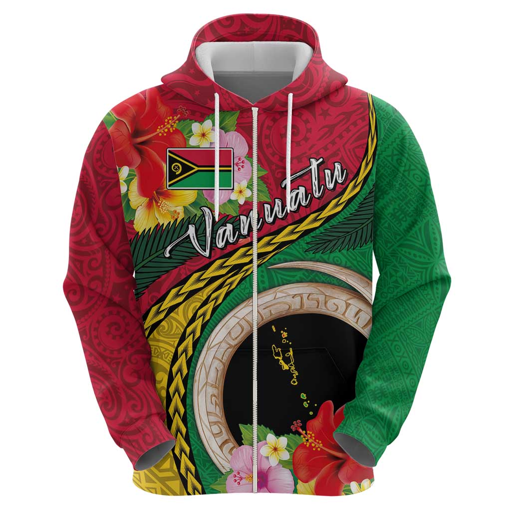 Vanuatu Tribal Boar Tusk Zip Hoodie Tropical Plants with Namele and Melanesian Pattern