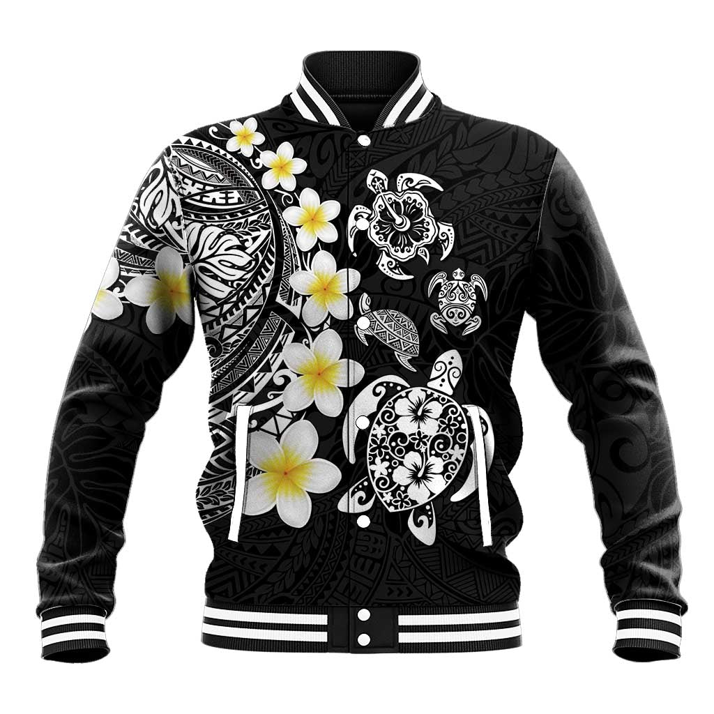 Hawaiian Plumeria Turtles Baseball Jacket Polynesian Art Tattoo LT03 Unisex Black - Polynesian Pride