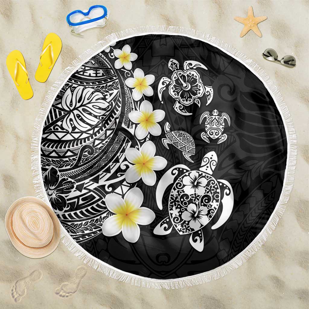 Hawaiian Plumeria Turtles Beach Blanket Polynesian Art Tattoo LT03 One Size 150cm Black - Polynesian Pride