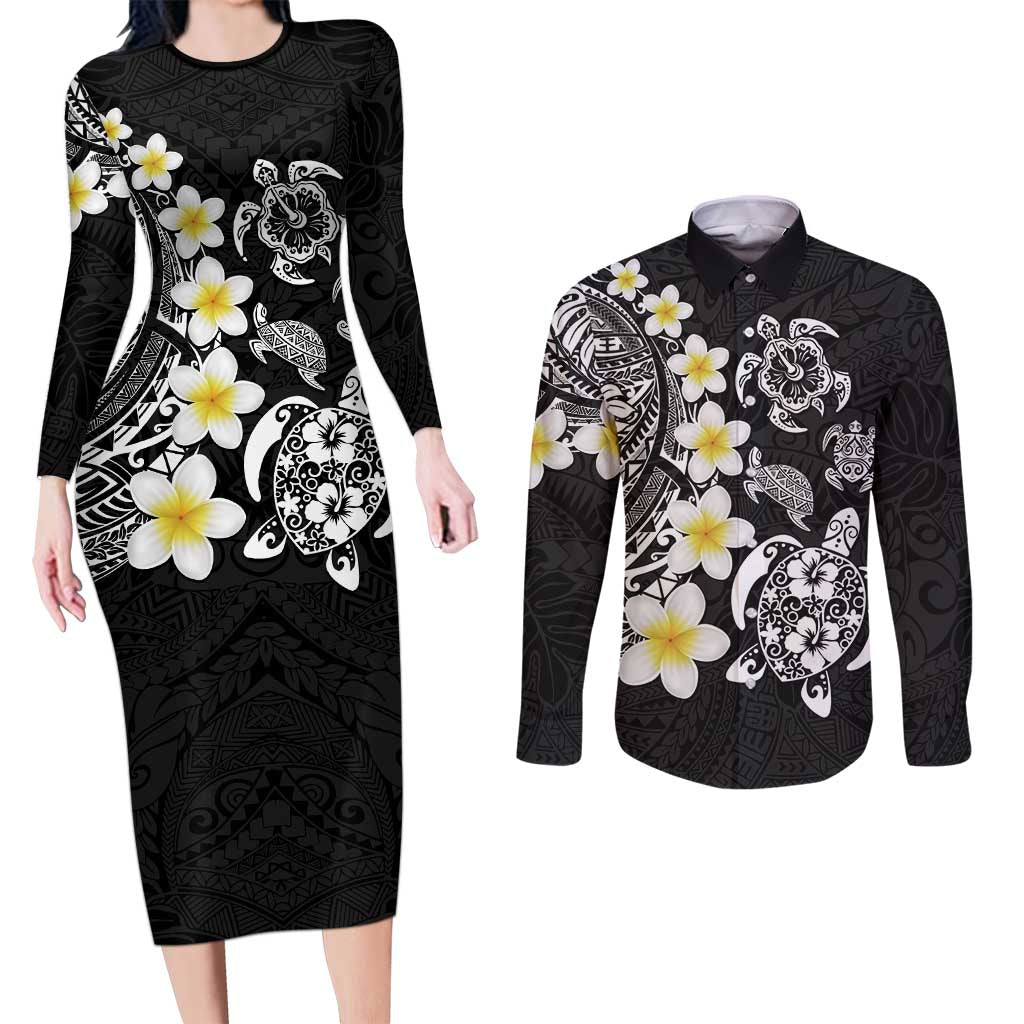 Hawaiian Plumeria Turtles Couples Matching Long Sleeve Bodycon Dress and Long Sleeve Button Shirt Polynesian Art Tattoo LT03 Black - Polynesian Pride